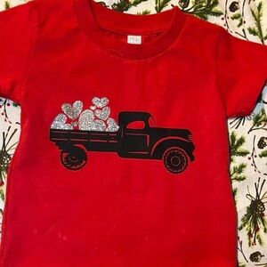Red T-Shirt with Black Truck and Silver Hearts